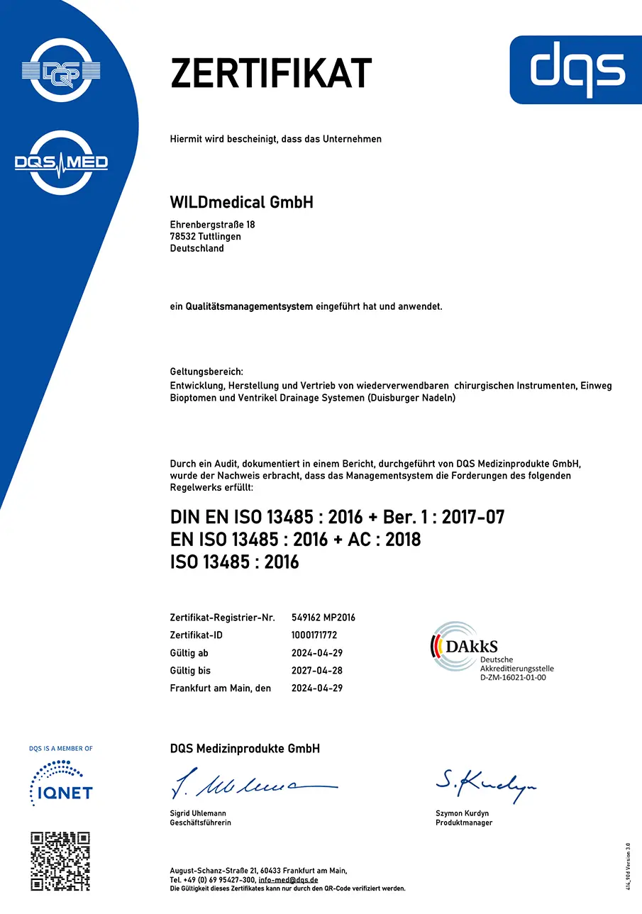DIN_en-iso_13485 Medizintechnik aus Tuttlingen. WILDmedical ist spezialisiert auf die Herstellung und den Vertrieb von hochwertigen Produkten.